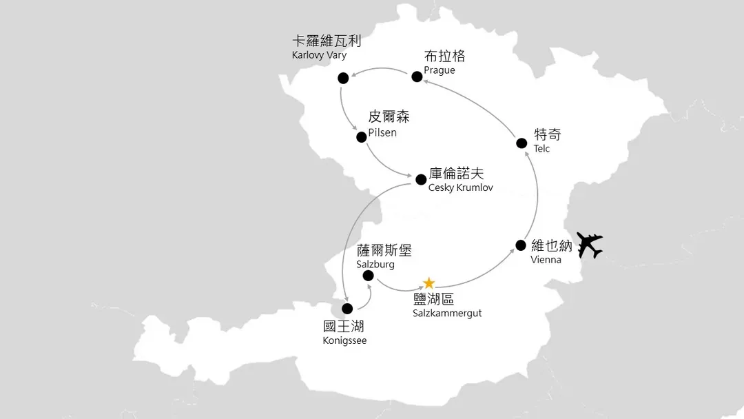歐洲旅遊, 奧地利, 捷克, 團體旅遊, 行程地圖