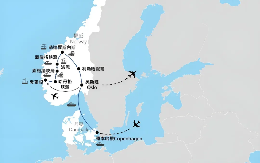 北歐, 丹麥, 挪威, 團體旅遊, 行程地圖