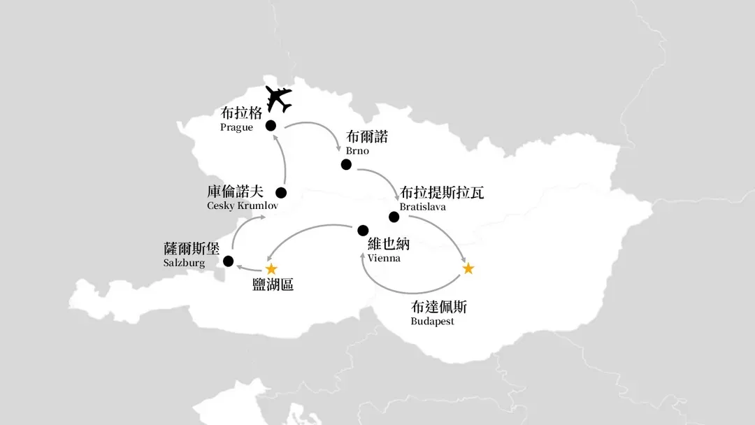 歐洲旅遊, 奧地利, 捷克, 匈牙利, 團體旅遊, 行程地圖