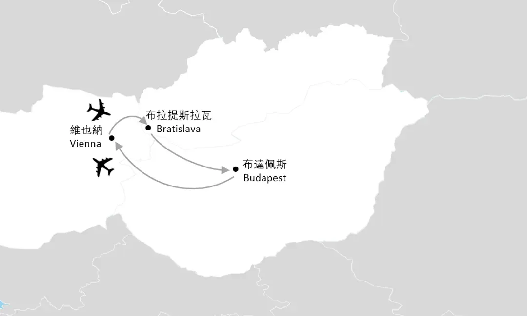 歐洲旅遊, 奧地利, 捷克, 斯洛伐克, 匈牙利, 團體旅遊, 行程地圖