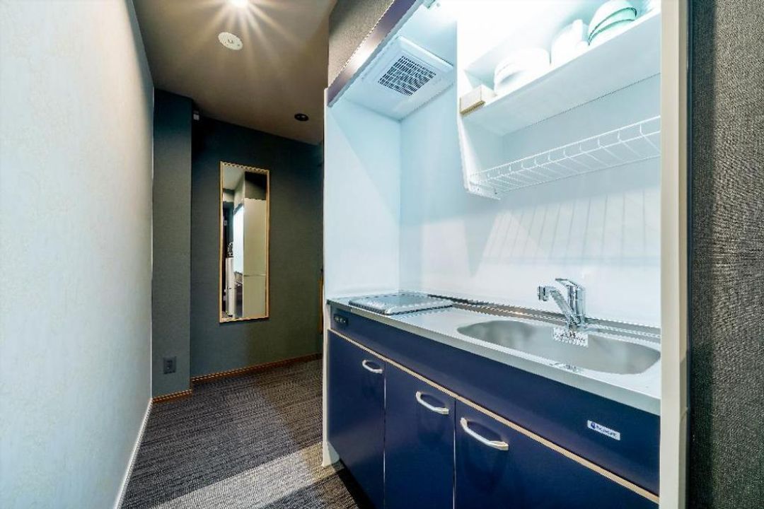 After you enter the room, you will see the small kitchen space with kitchenette, microwave, electric kettle and refrigerator.  The wash room is to the opposite side.