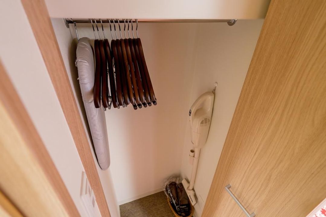 There are hangers, a ironing board and Vacuum cleaner  inside the closet.