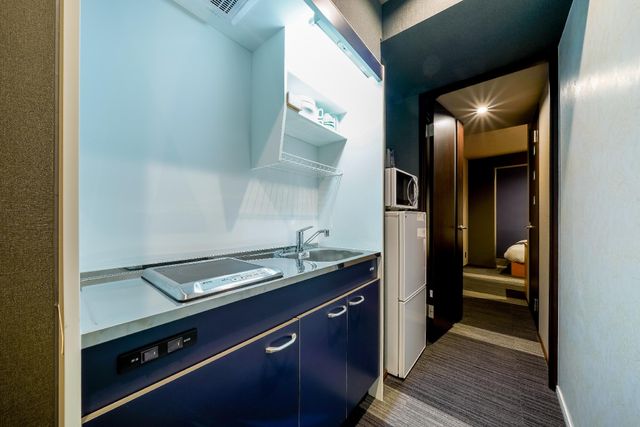 After you enter the room, you will see the small kitchen space with kitchenette, microwave, electric kettle and refrigerator.  The wash room is to the opposite side.