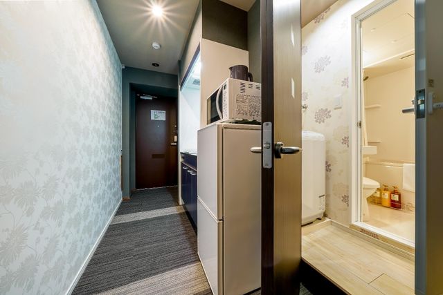 After you enter the room, you will see the small kitchen space with kitchenette, microwave, electric kettle and refrigerator.  The wash room is to the opposite side.